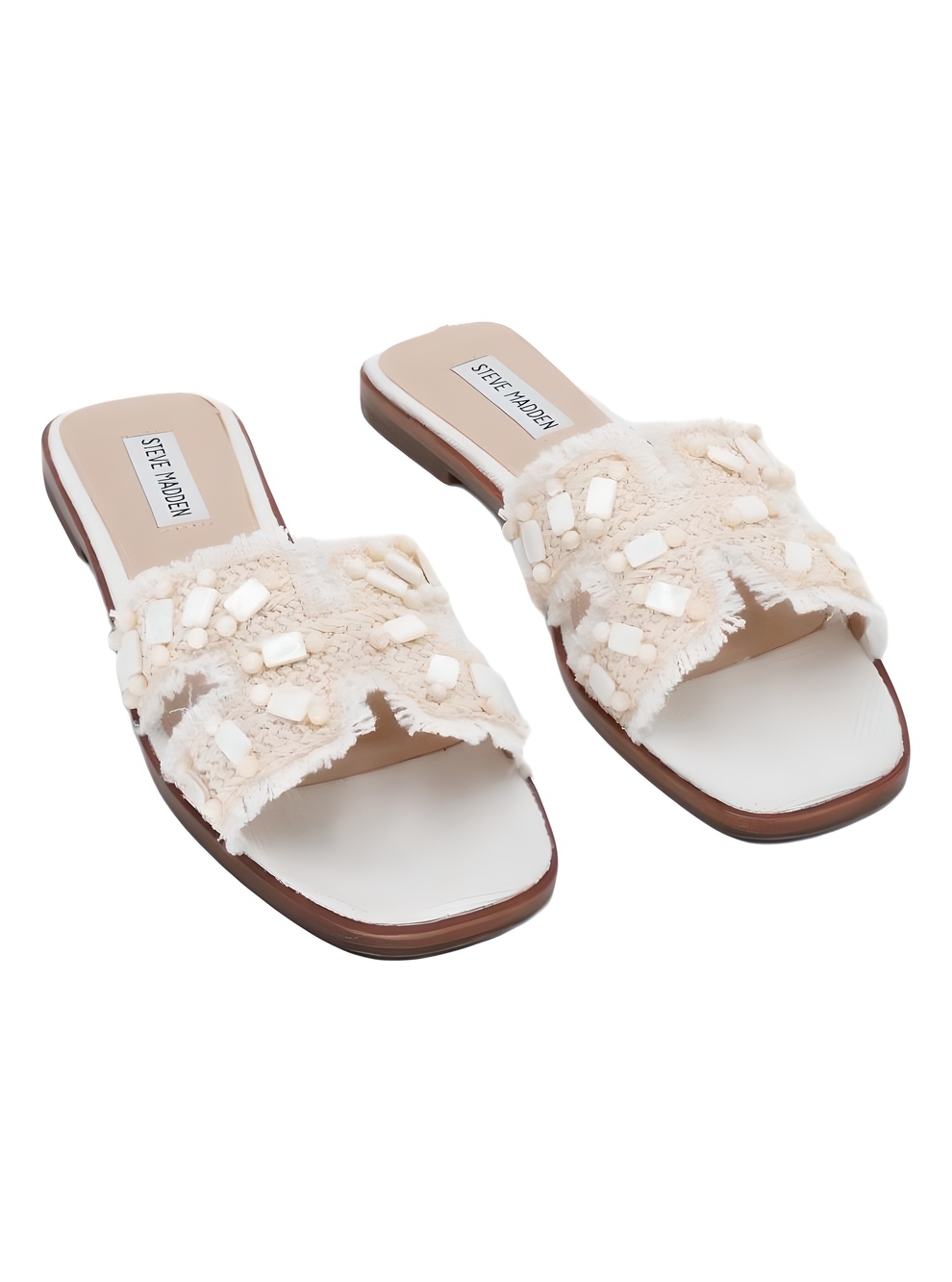Steve Madden Hadyn-Shell Bone Raffia Beaded Fringed Slide Sandals Size 8.5M